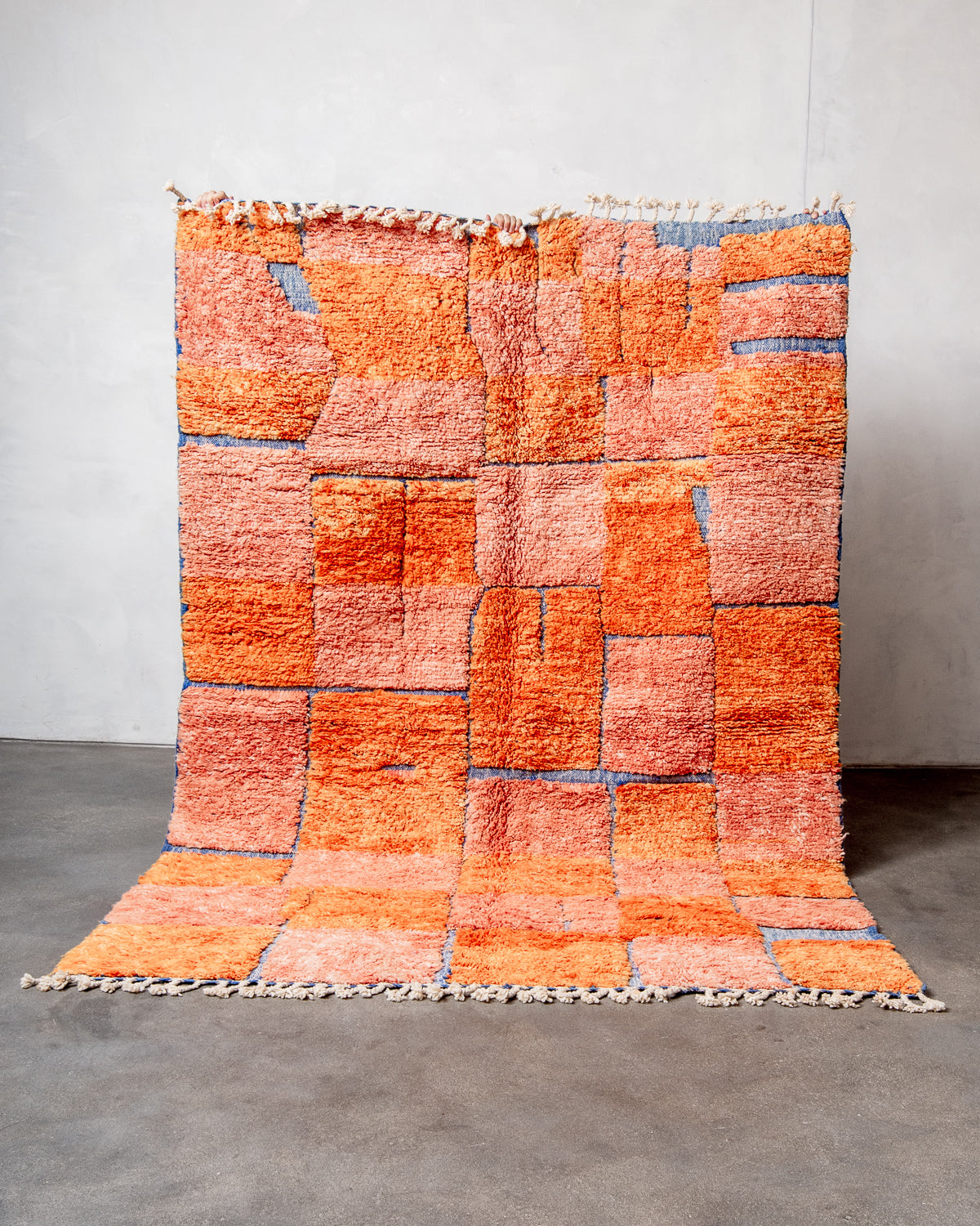 Modern, designer, handcrafted Berber rug from Morocco. Beniourain carpet with beautiful colours and patterns and fluffy wool texture.